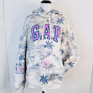 Gap Women's LARGE Heritage Pink Logo Beige Hoodie Sweatshirt Hawaiian Palms Tree